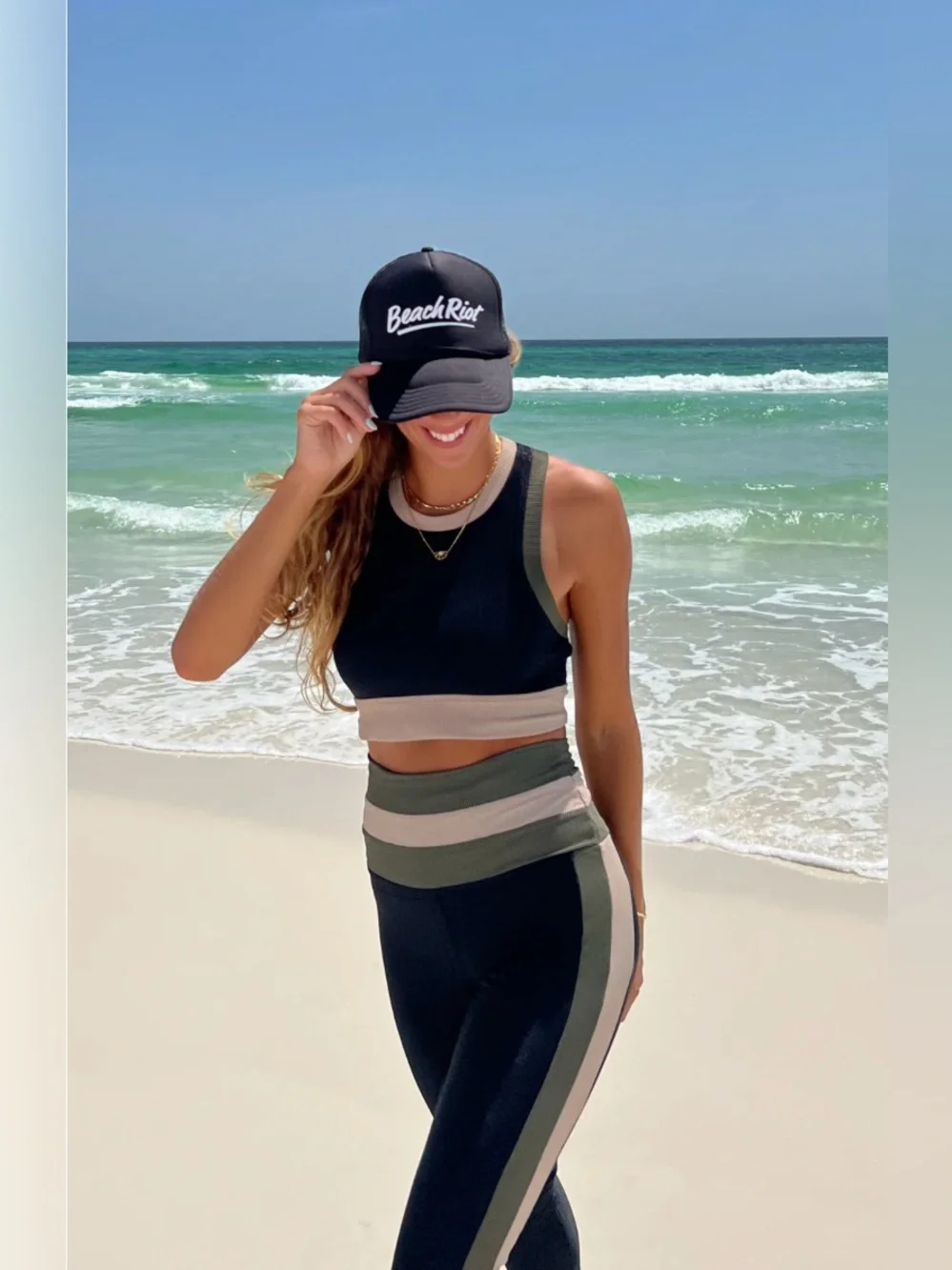 Beach Riot Gwen Colorblock Ribbed Crop Bikini Top Black Olive Tan Gym Beach XS - Picture 2 of 13